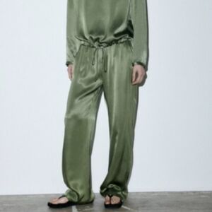 Zara Satin Effect Green Straight Leg Pants Size L